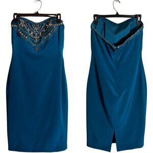Marchesa Notte Beaded Embellished Strapless Silk Pencil Dress Womens 4 Teal NWOT